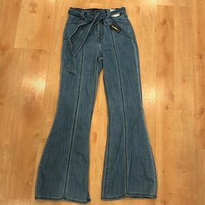Express women’s Bell Flare Jeans Size OS Super High Rise Tie Waist Stretch Blue